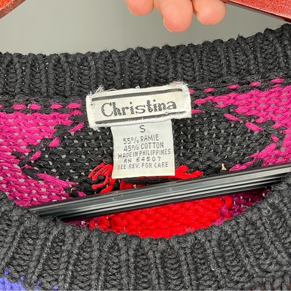 Christina Vintage Multi-Color Unique Designs Diamond Pattern Back Knit Sweater S - Picture 2 of 15
